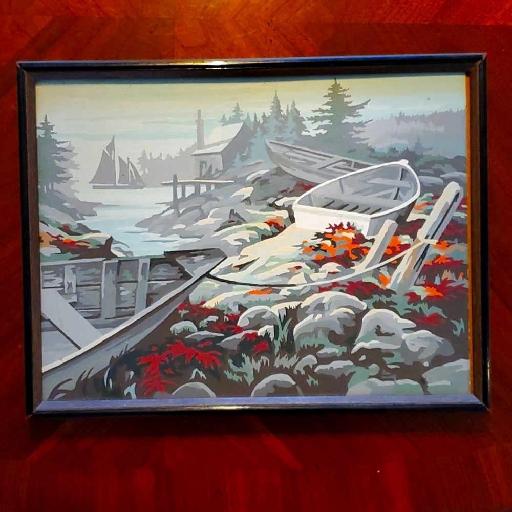 Vintage Paint By Number Water Sea Boats Cabin Forest